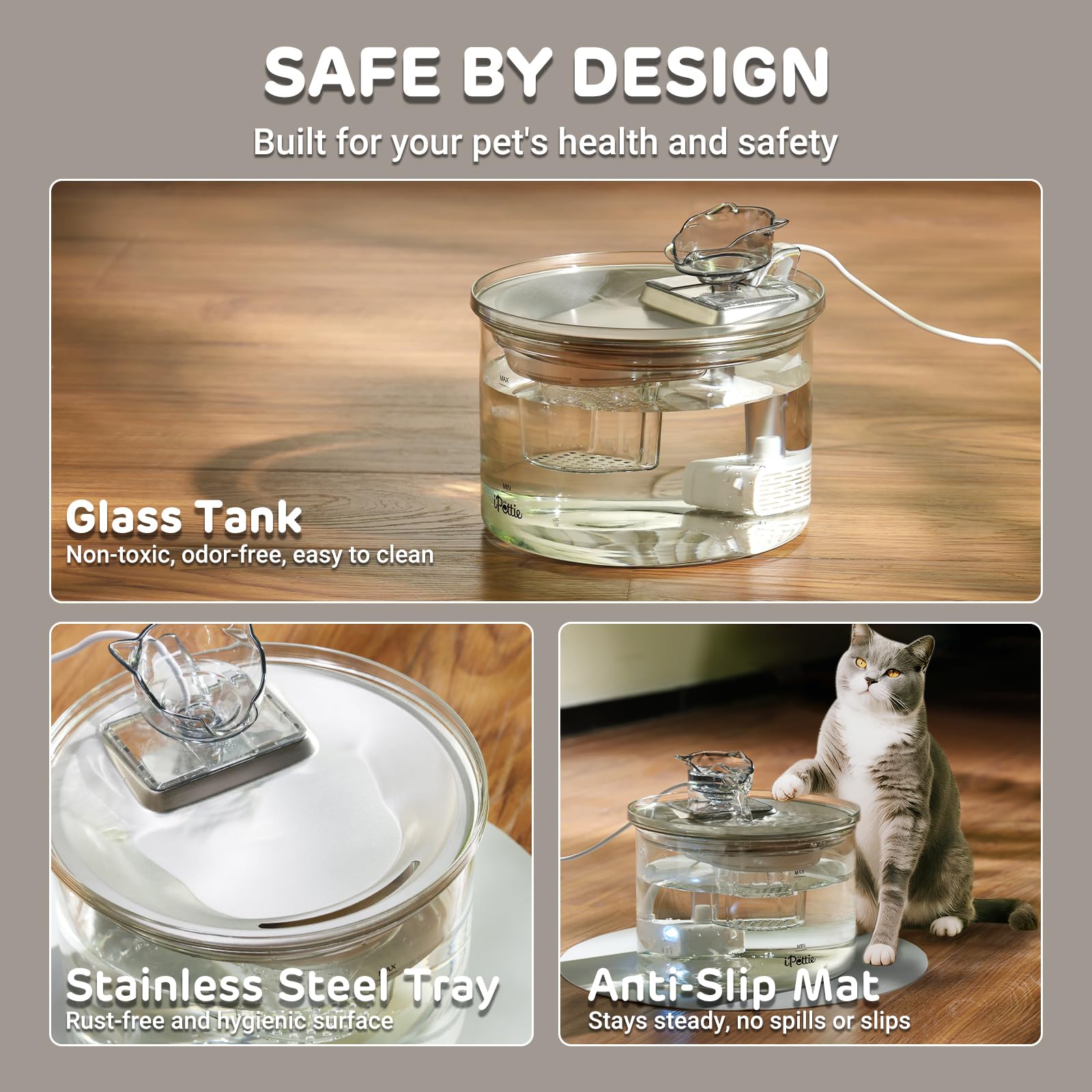 Transparent Glass & Stainless Steel Pet Water Fountain – 2L Filtered Automatic Drinking Dispenser for Cats & Small Dogs