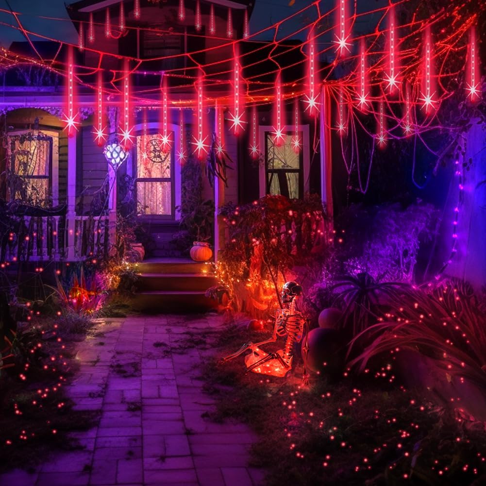 Red LED Meteor Shower Lights – 192 LEDs, 8 Tubes, Waterproof Cascading Icicle Lights for Halloween & Christmas