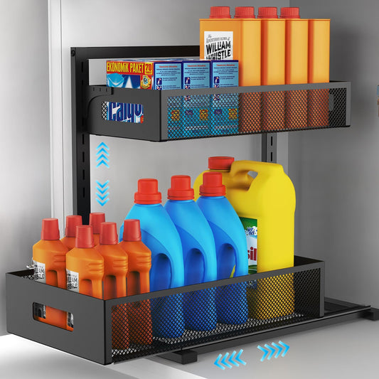 Petiza Adjustable Under Sink Organizer – 2 Tier Pull-Out Cabinet Storage (Black)
