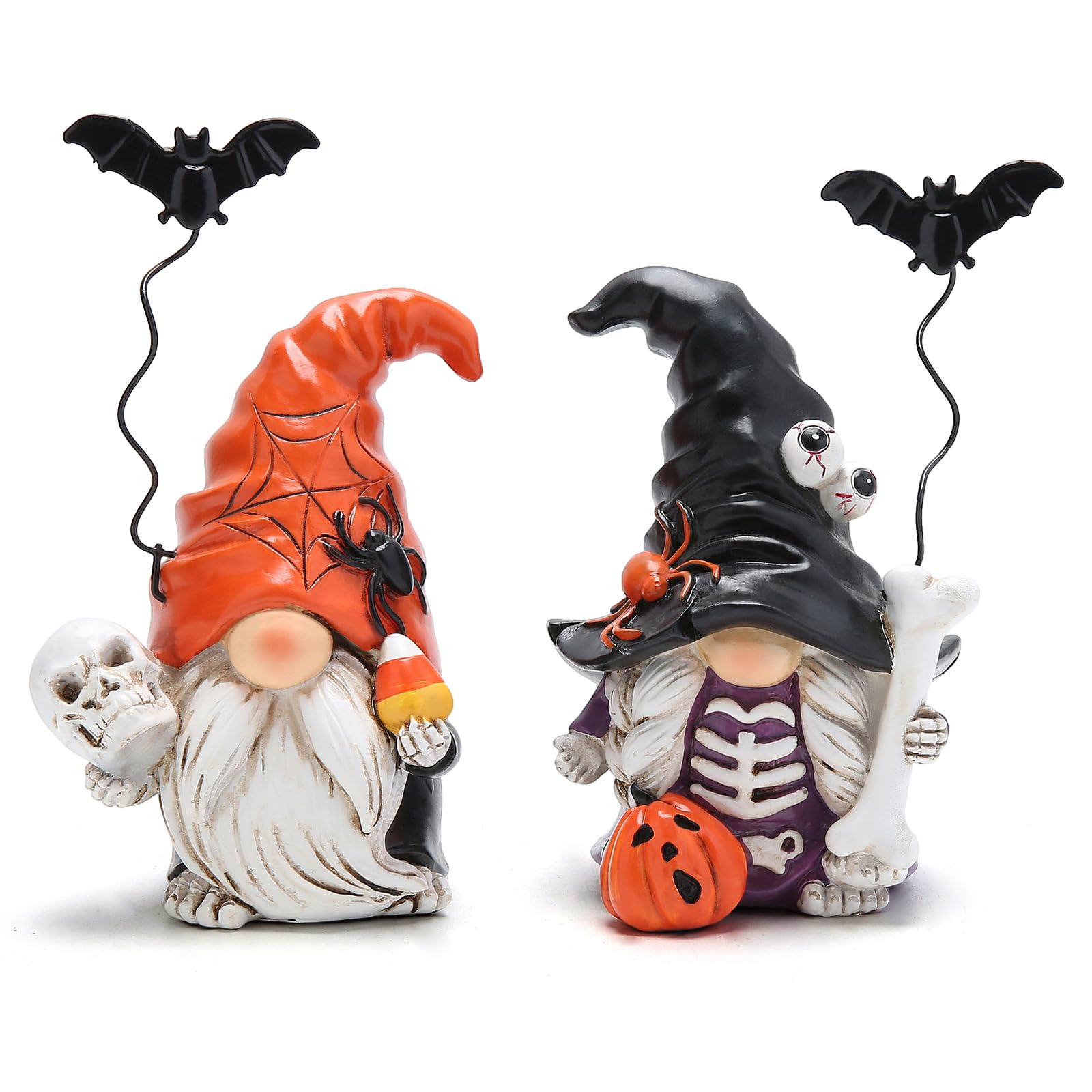 Hodao Halloween Gnome Duo – 2pcs Handcrafted Spooky Figurines with Skeleton Details, Pumpkins & Spider Hats for Indoor Décor