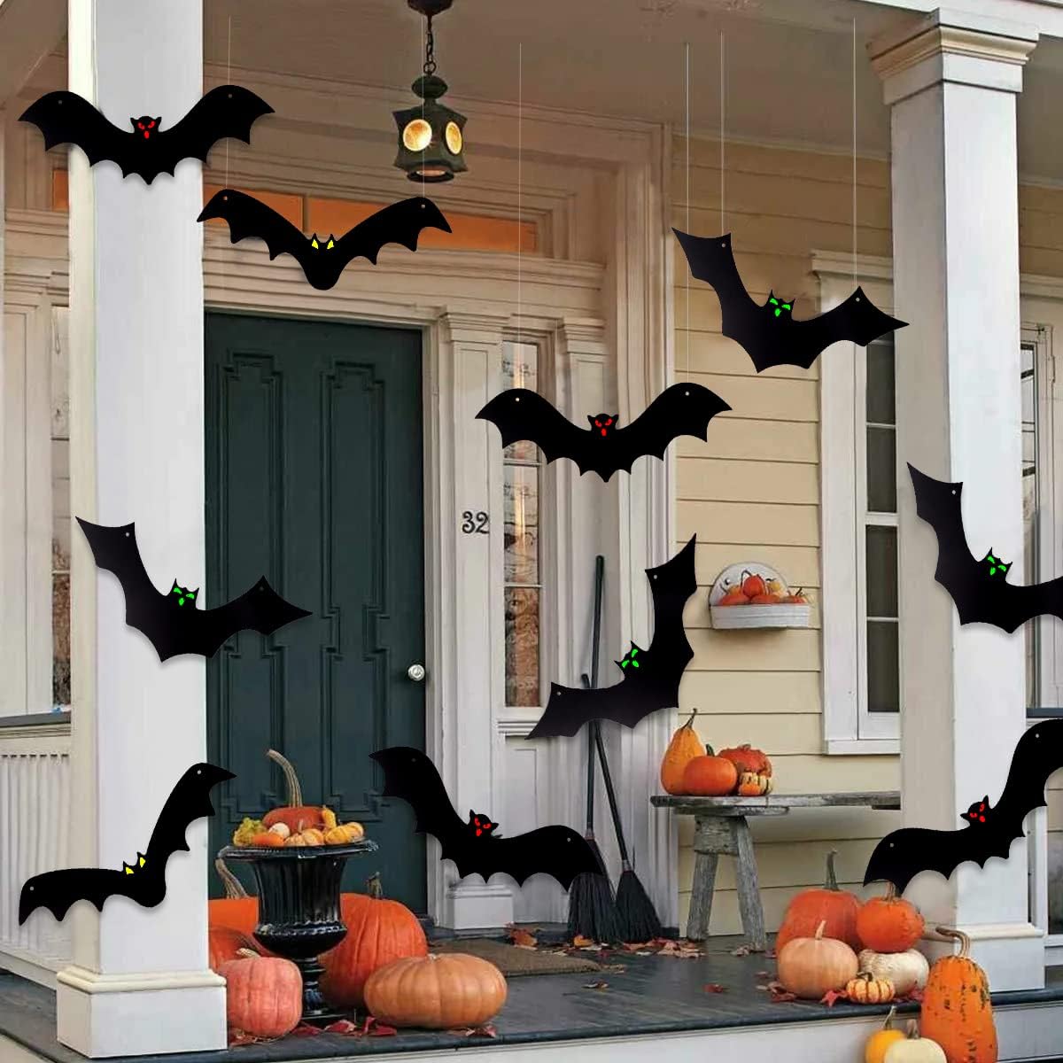 12PCS 3D Hanging Bats with Glowing Eyes – Waterproof Outdoor Halloween Decorations with 15 Pairs of Fluorescent Eye Stickers