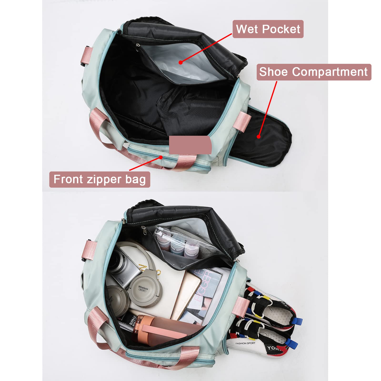 Small Gym Bag for Women – Lightweight Travel Duffle & Weekender Bag with Shoe Compartment and Toiletry Pouch (Green)
