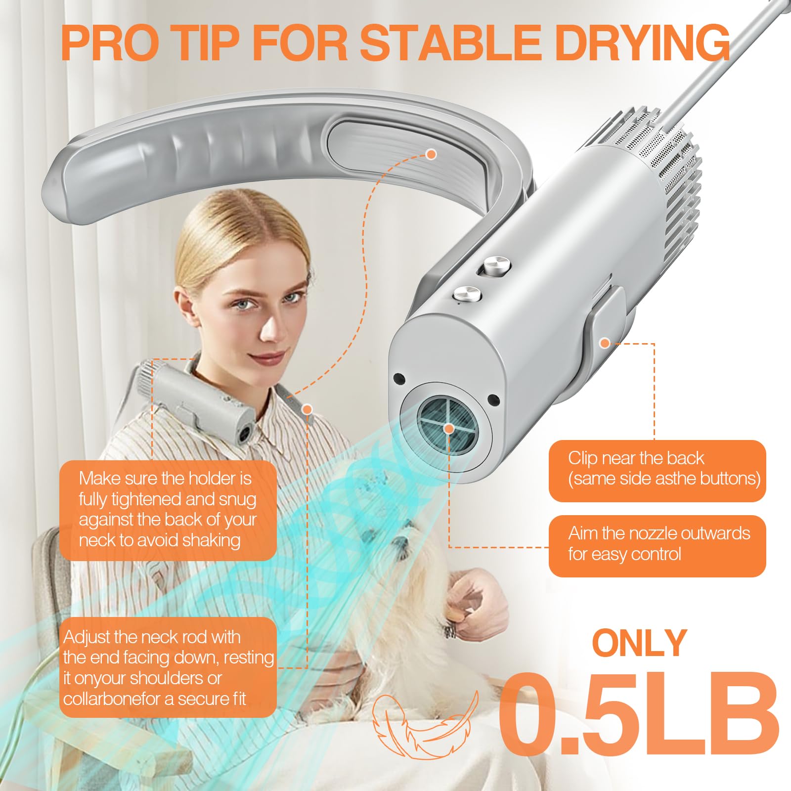 Hands-Free Pet Hair Dryer with 1400W Brushless Motor, Ultra Quiet Operation, Adjustable Heat and Speed, and Portable Grooming Design