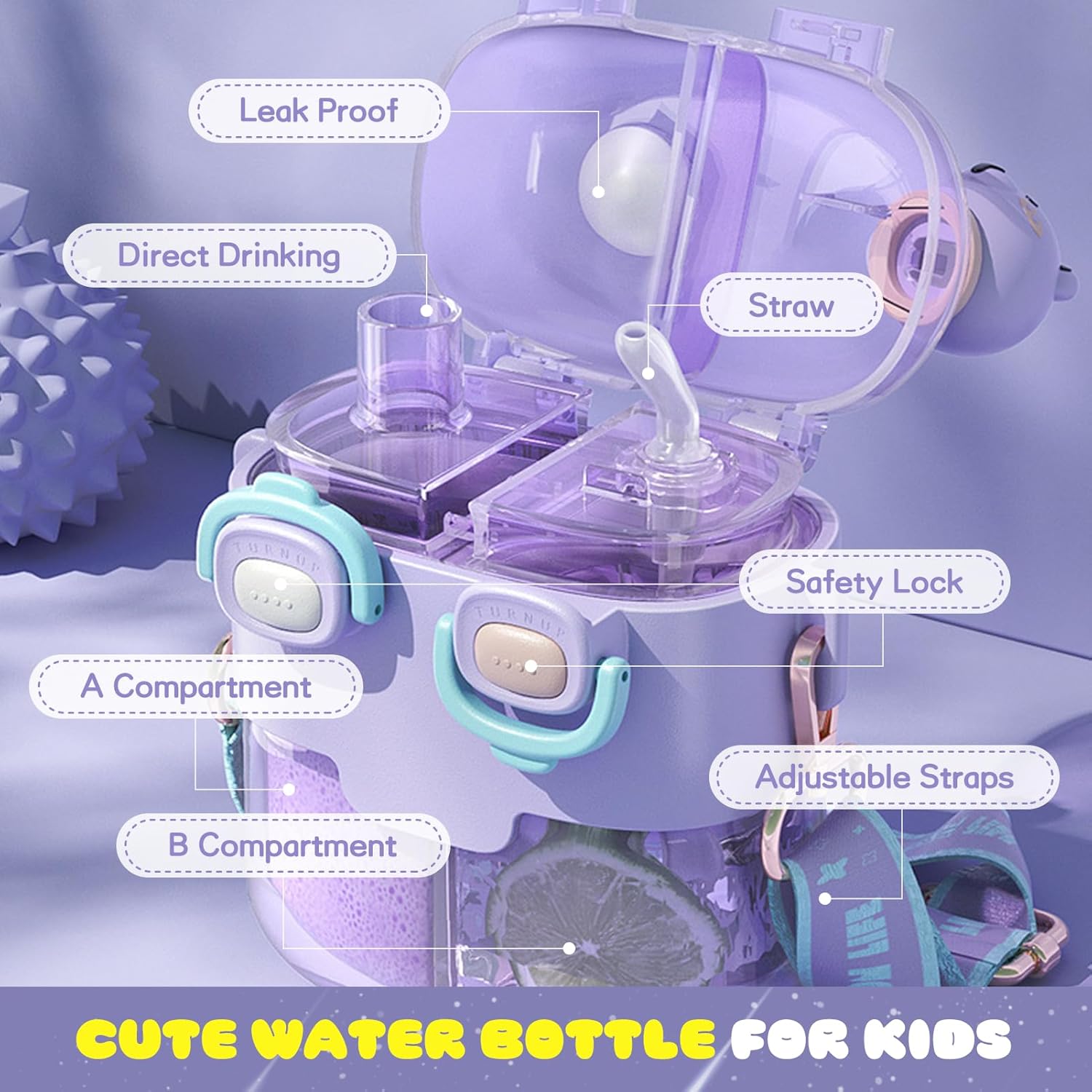 26 oz Kids Bear Water Bottle with Straw, Dual Compartments, Leakproof Lock and Adjustable Strap