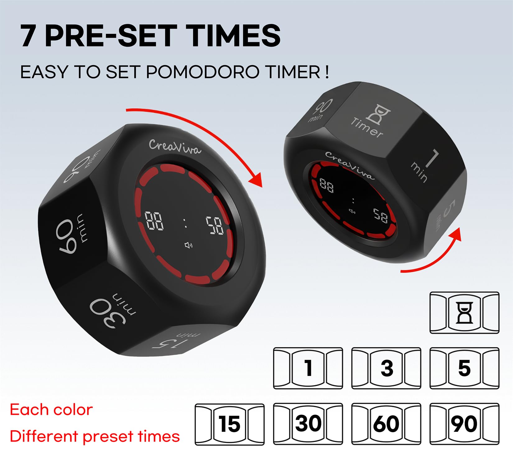 CREAVIVA Space Grey Flip Cube Pomodoro Timer with Visual Progress Bar, Silent Modes & USB-C Rechargeable Power