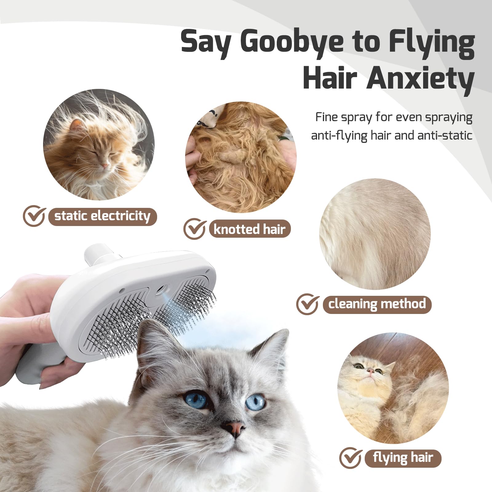 Self-Cleaning Cat Steam Grooming Brush with Mist Spray, Deshedding and Massage Tool for Cats and Dogs with Soft Stainless Steel Bristles