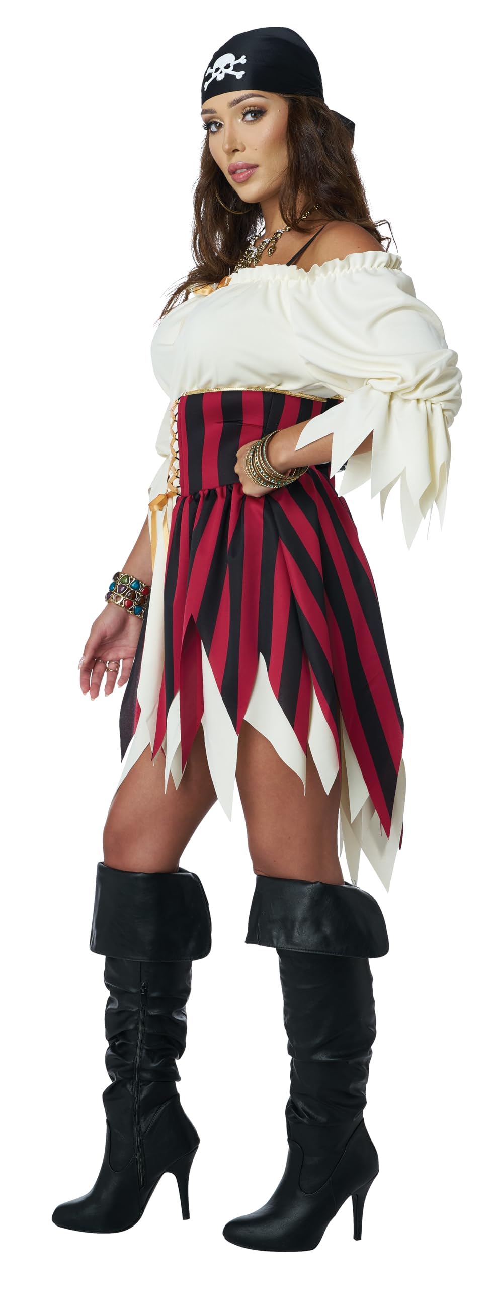 Women’s Sultry Sea Pirate Costume – Black, Red & Cream Renaissance Corset Dress with Bandana for Halloween & Parties