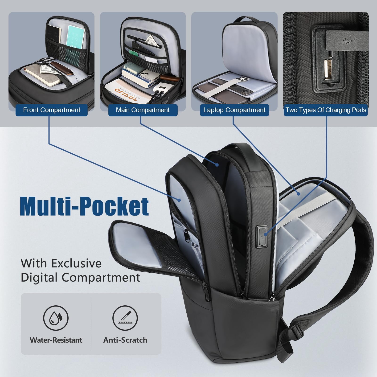 HK Slim Business Laptop Backpack with USB Charging Port & Anti-Theft Pocket – 15.6 Inch, Black