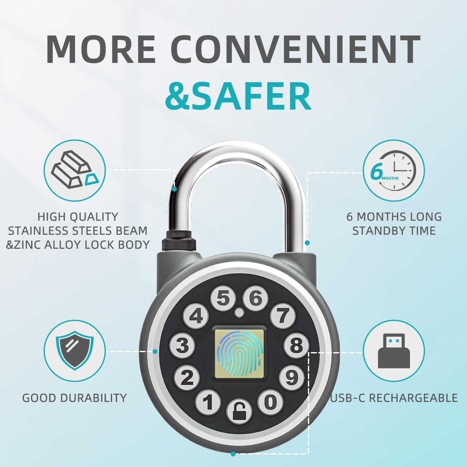 SFW GS50S Fingerprint Smart Padlock with Password Unlock, Bluetooth App Control & USB-C Rechargeable Battery