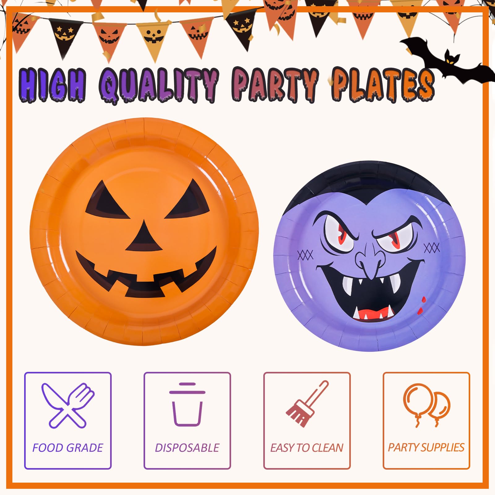 Halloween Party Plates & Napkins Set – 96 Pcs Orange, Purple & Green Ghost, Bat & Pumpkin Tableware for 24 Guests