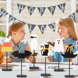 Set of 6 Wooden Halloween Table Centerpieces – Ghost, Bat, Black Cat & Witch Hat Decorations for Home & Party