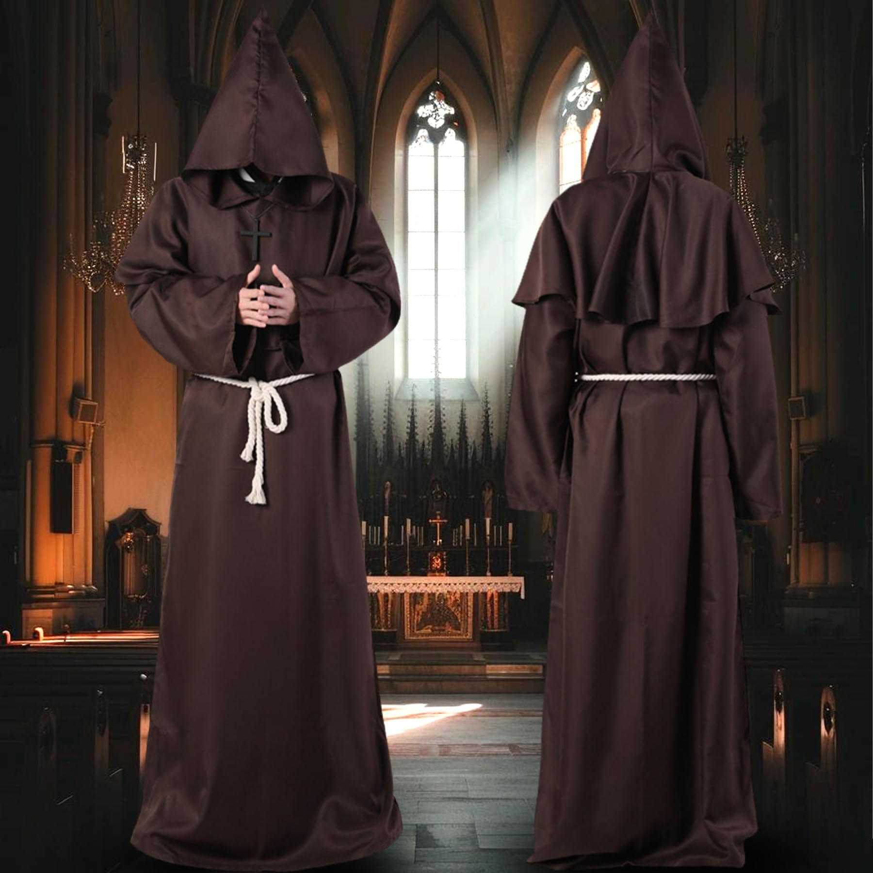 Brown Medieval Monk Robe – Hooded Friar Cloak with Rope Belt for Halloween & Renaissance Cosplay ✝️🕯️