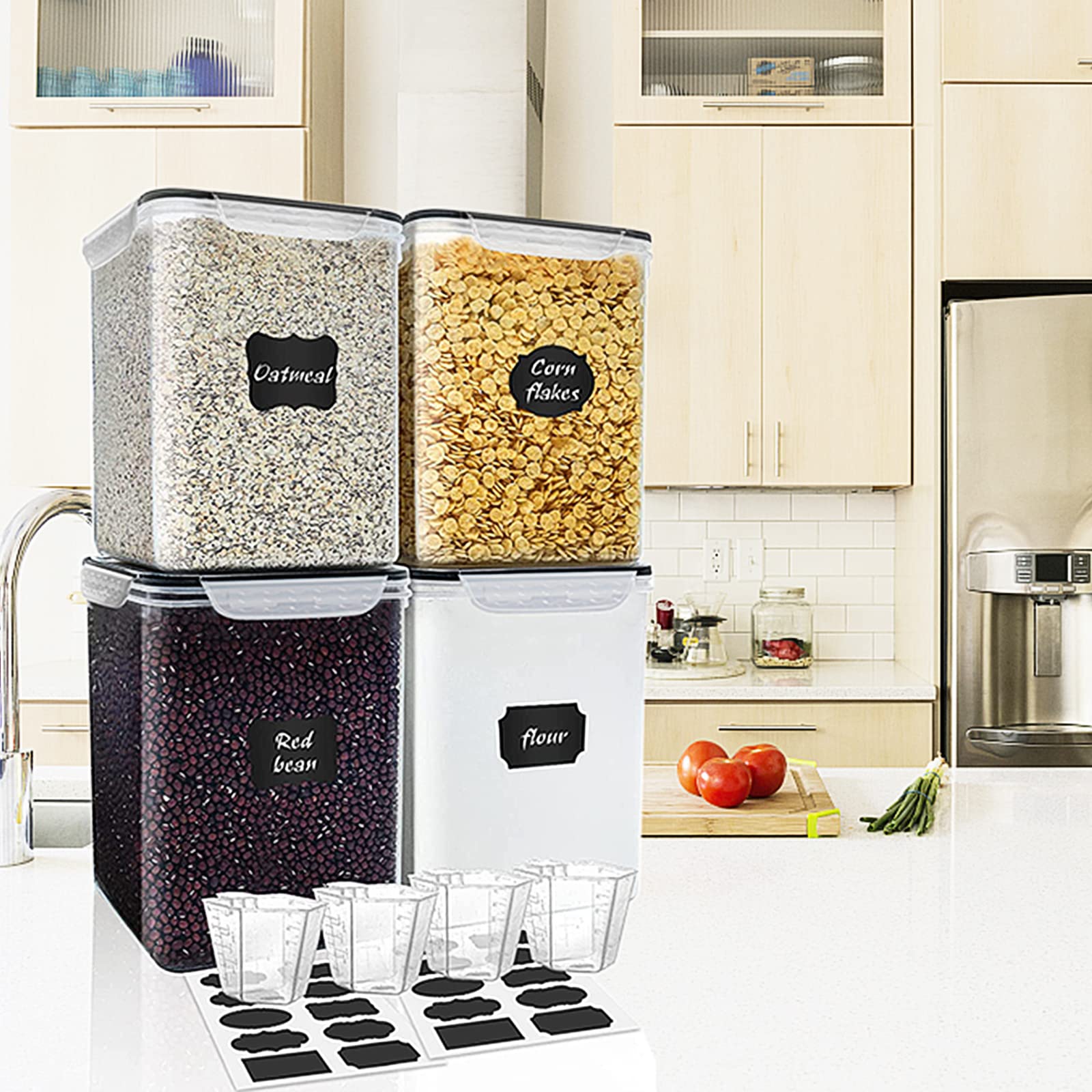 10-Piece Airtight Pantry Storage Containers Set – BPA-Free Stackable Dry Food Canisters with Labels & Measuring Cups (Black)