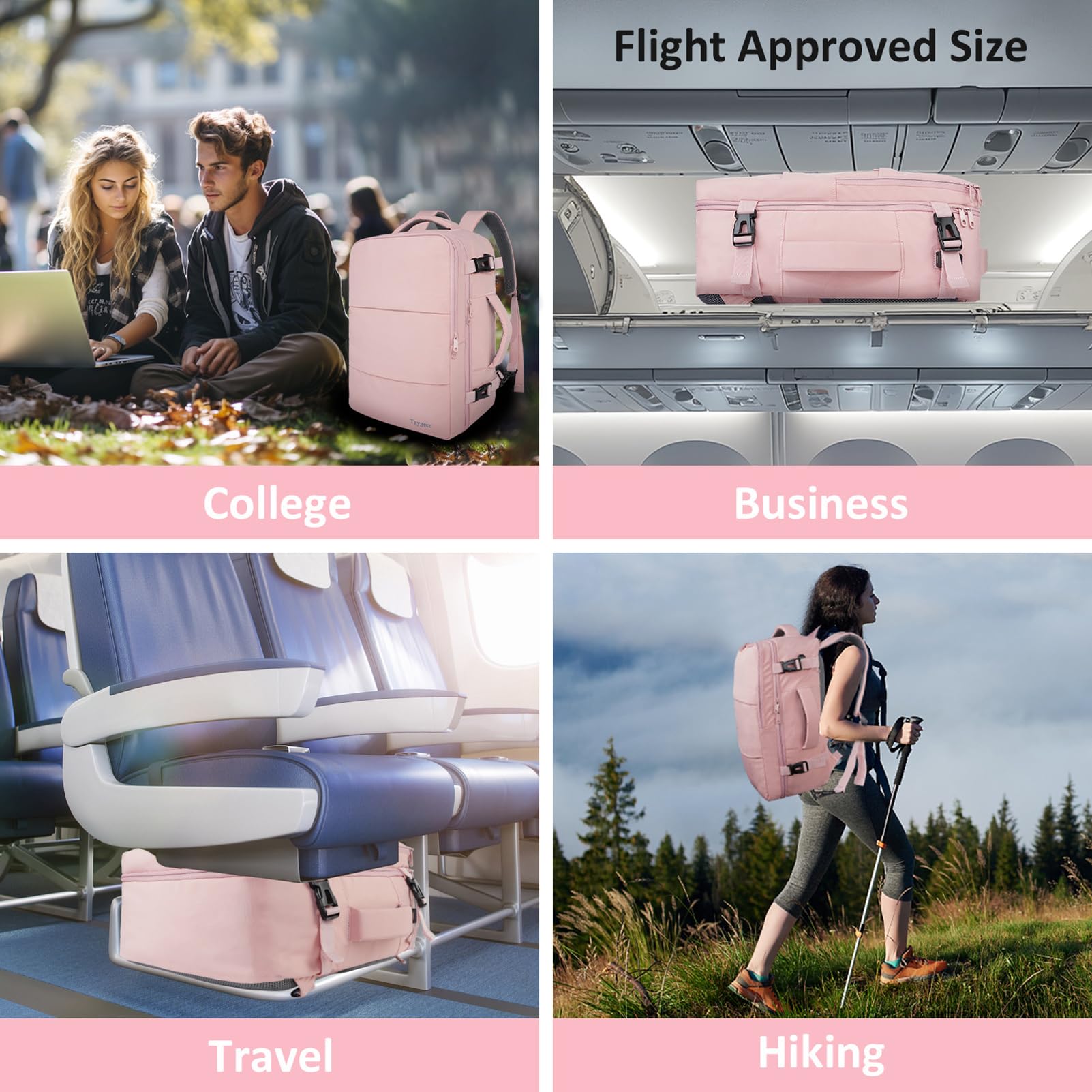 TAYGEER Women’s Carry-On Travel Backpack with USB Port & Shoe Compartment – TSA Approved – Amour Pink
