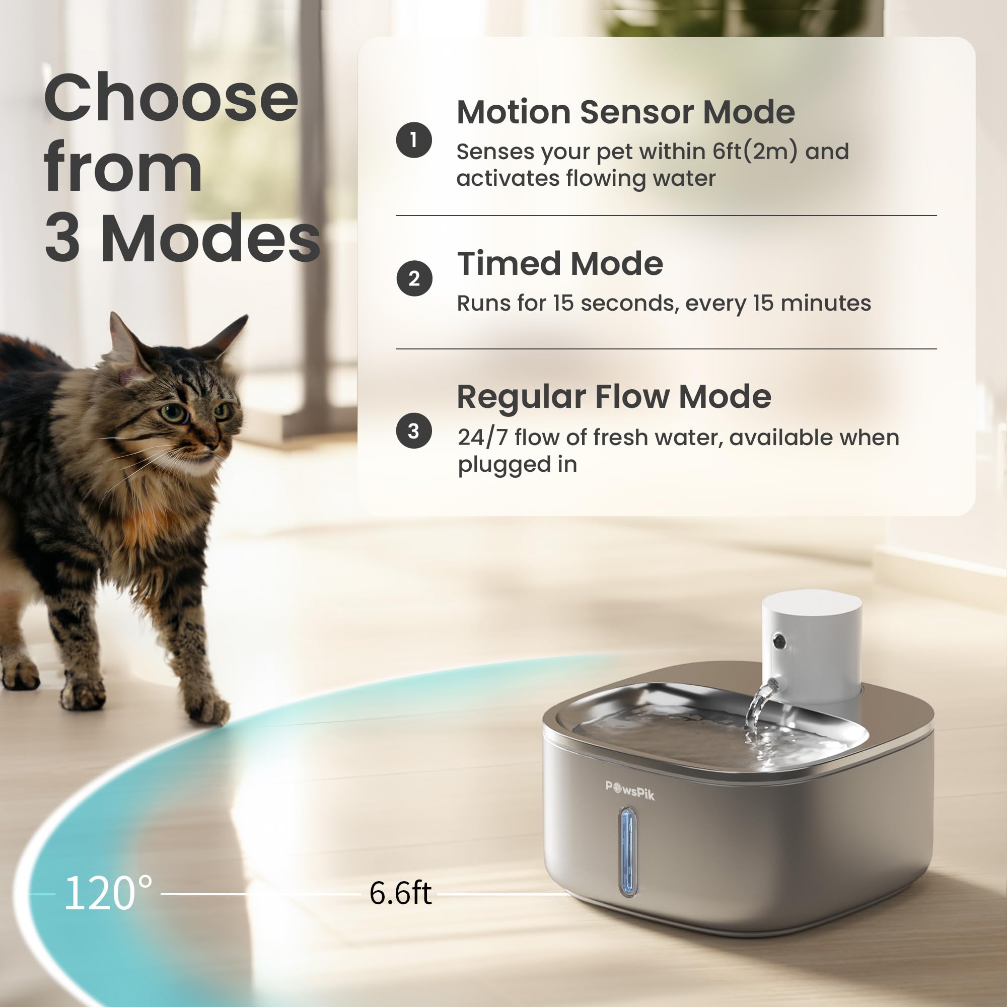 PawsPik Stainless Steel Smart Pet Water Fountain 3.2L – 5000mAh Motion Sensor & 5-Layer Filtration System