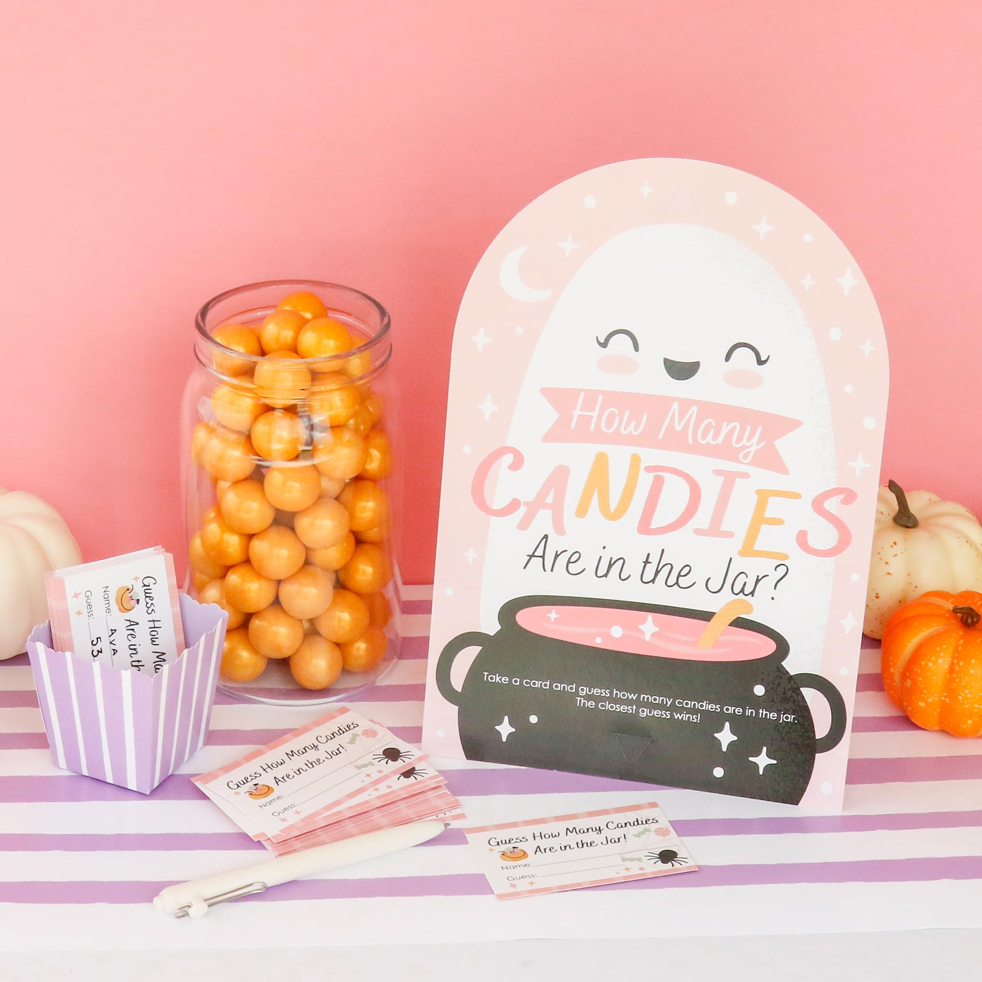 Pastel Halloween Candy Guessing Game – Pink Pumpkin Party Sign with 40 Guess Cards for Cute Halloween Events & Fall Celebrations