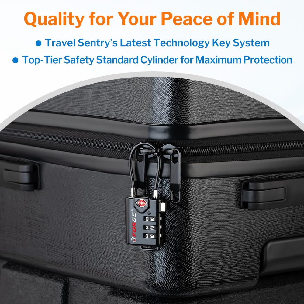 Forge TSA Approved Cable Luggage Locks 4 Pack, Durable 3 Digit Combination Travel Locks for Suitcases, Backpacks & Gym Bags