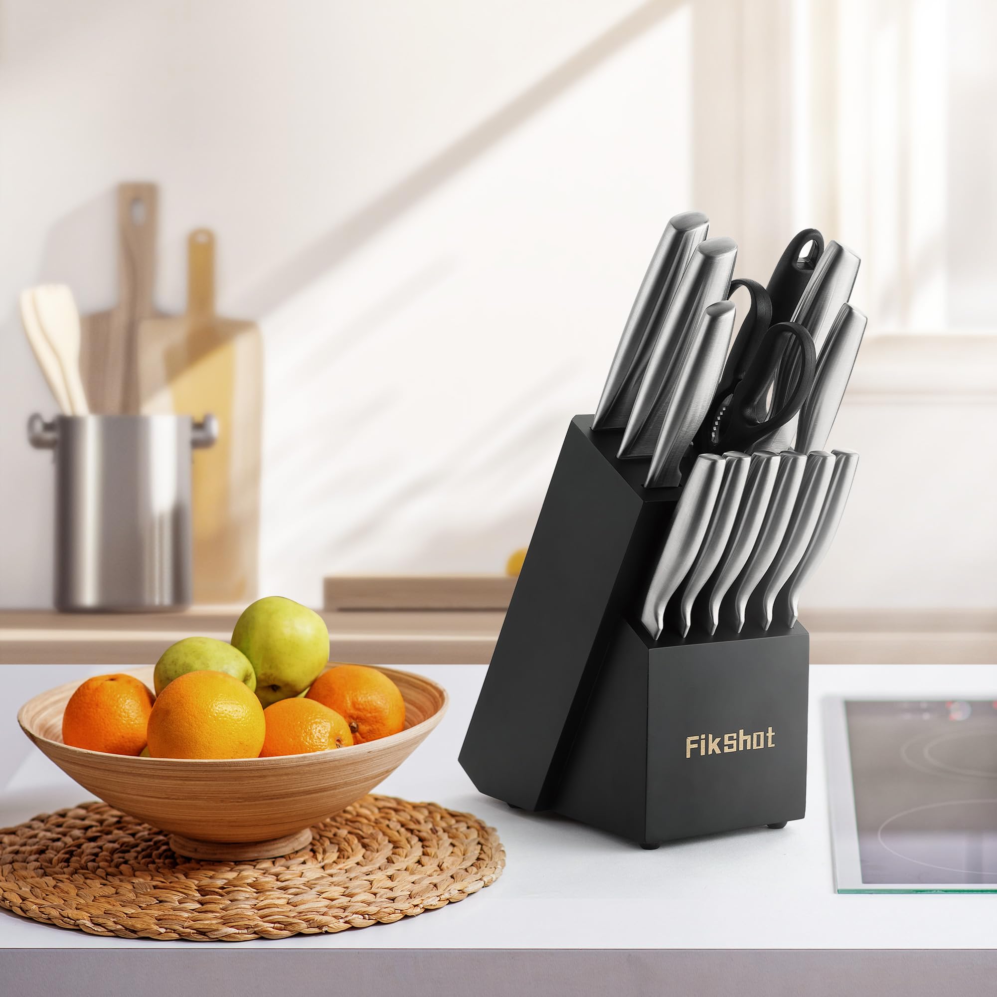 14-Piece Stainless Steel Kitchen Knife Set with Block & Sharpening Rod
