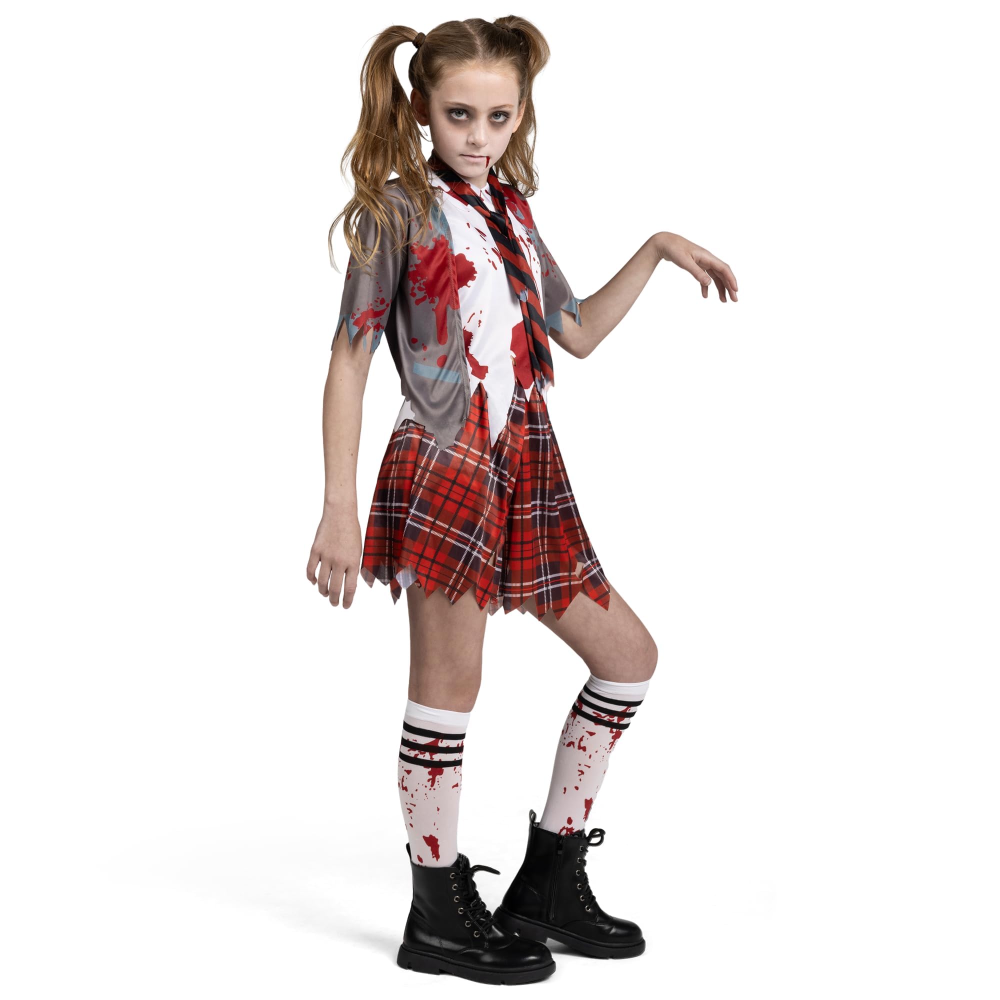 Bloody Zombie Schoolgirl Costume – Gray Jacket, Tie & Skirt with Socks for Halloween 🧟‍♀️