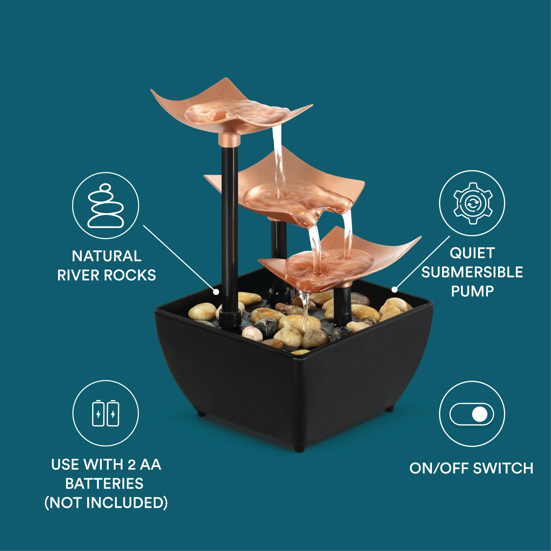 Golden 3-Tier Tabletop Water Fountain with Leaf Tiers & Ambient Lighting (Golden)