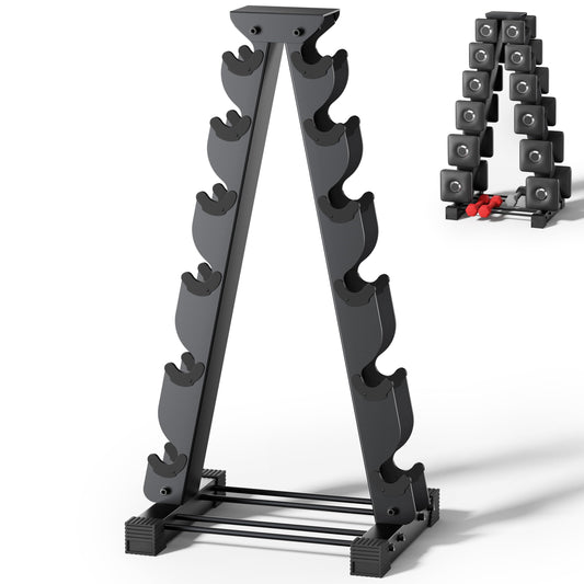 Crostice 6-Tier Dumbbell Rack Stand – Compact Ergonomic Weight Storage for Square Dumbbells & Neoprene Sets (Black)