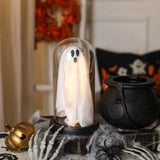 Halloween Light-Up Ghost in Glass Cloche – Handmade LED Decoration for Table, Mantel & Home Décor (White, 8.3x4.3 Inches)