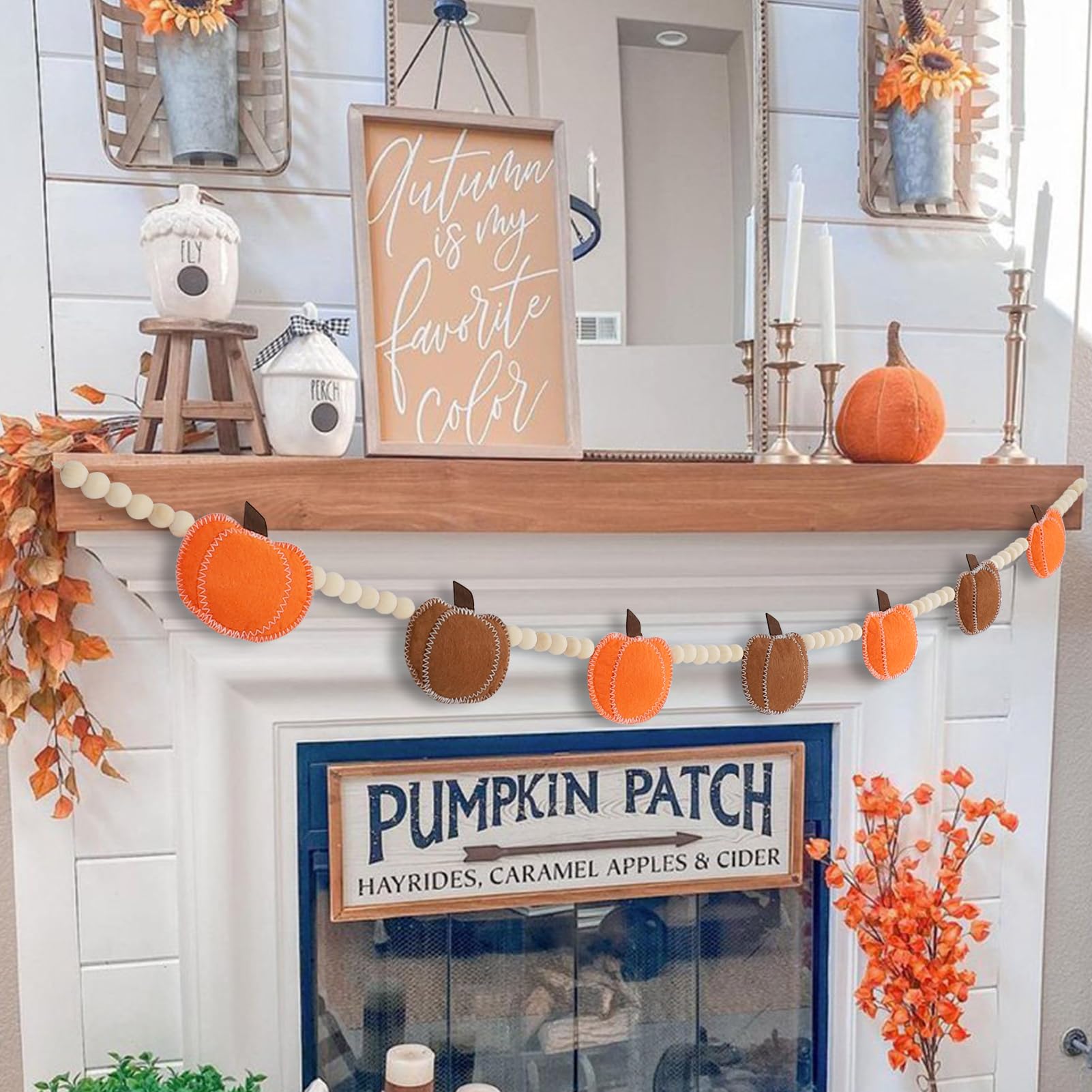 Felt Pumpkin Bead Garland 🍁 4ft Rustic Farmhouse Fall Decoration for Mantel, Doorway & Thanksgiving