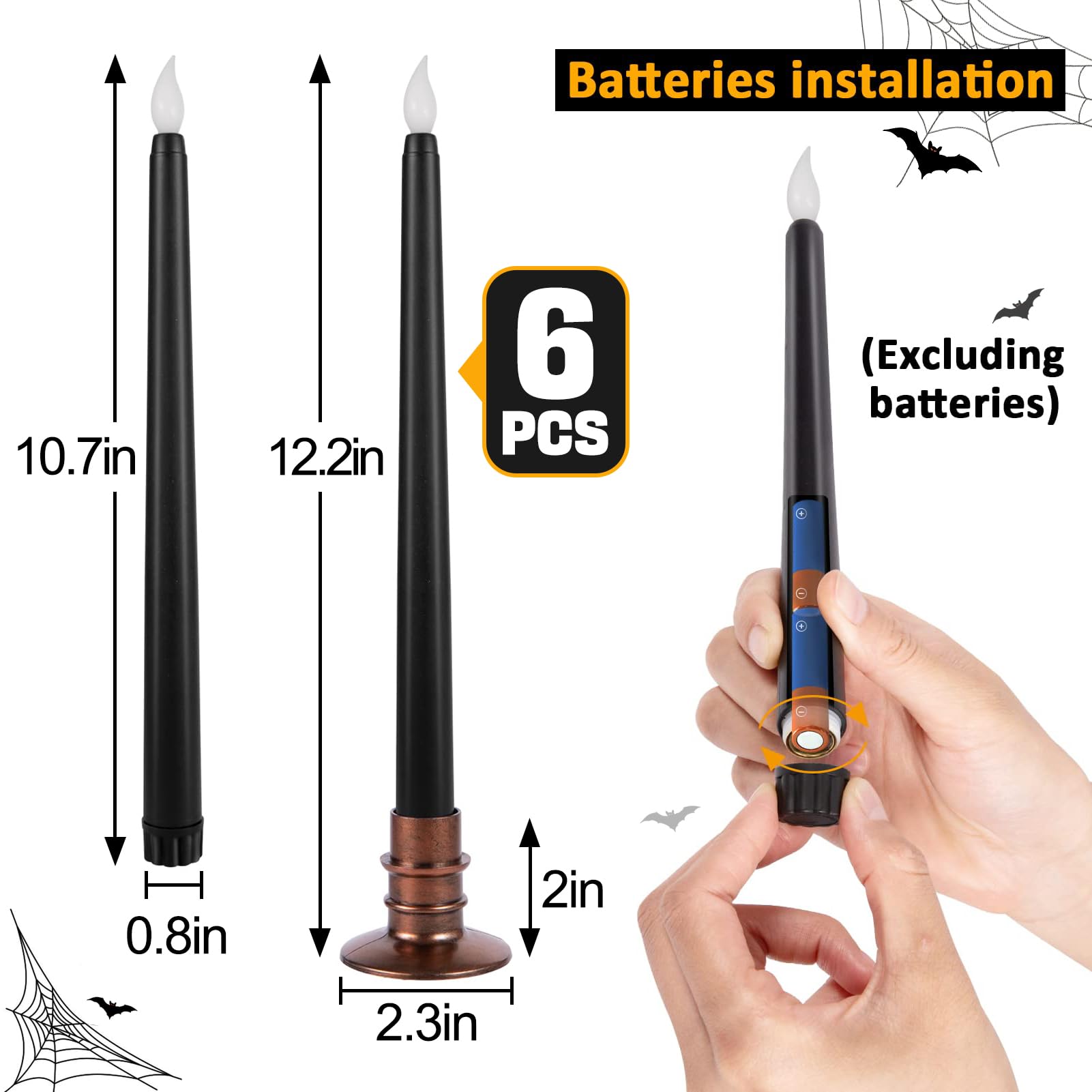 6 Pcs Black LED Halloween Candles with Holders – Flickering Flameless Tapered Candles for Spooky Decor