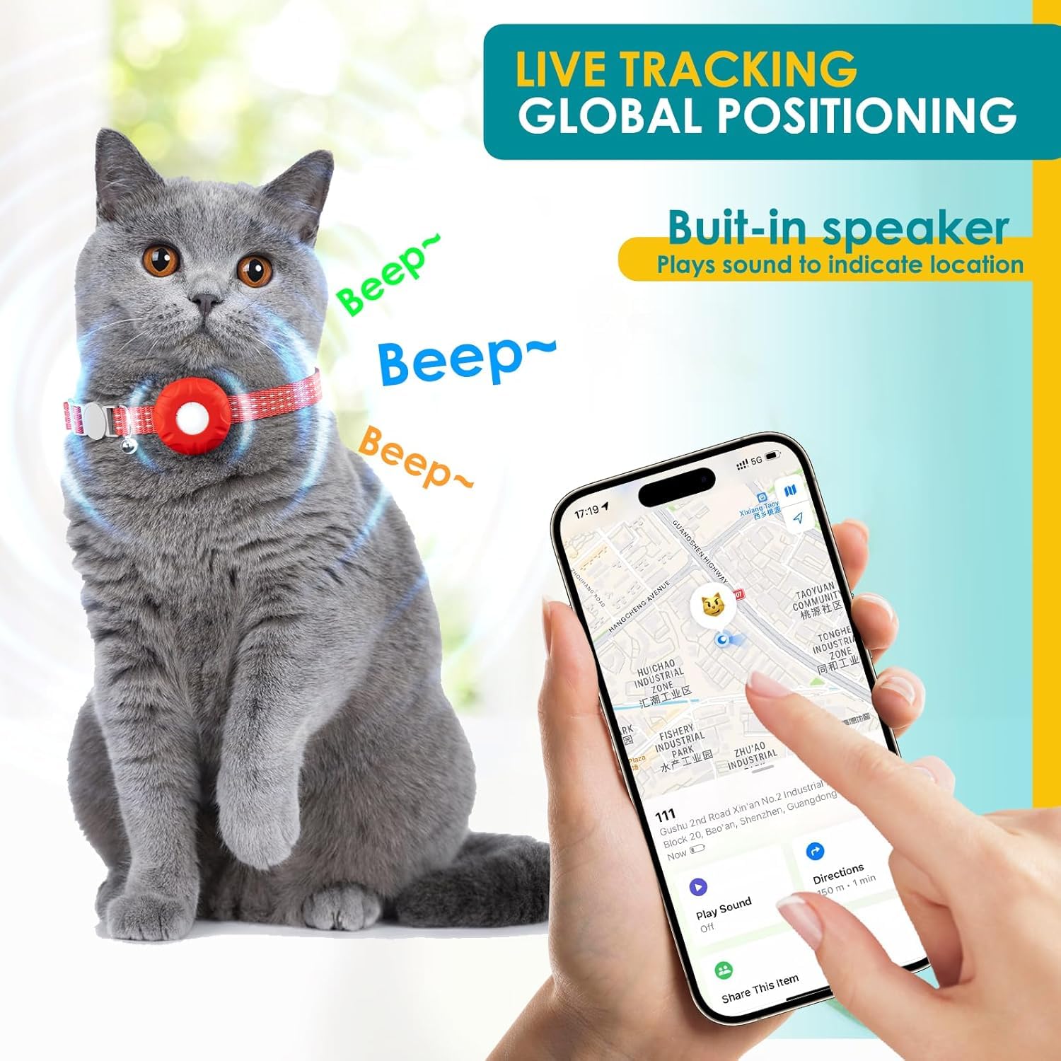 Smart GPS Cat Tracker Collar with Apple Find My Lightweight Adjustable Pet Locator No Monthly Fee