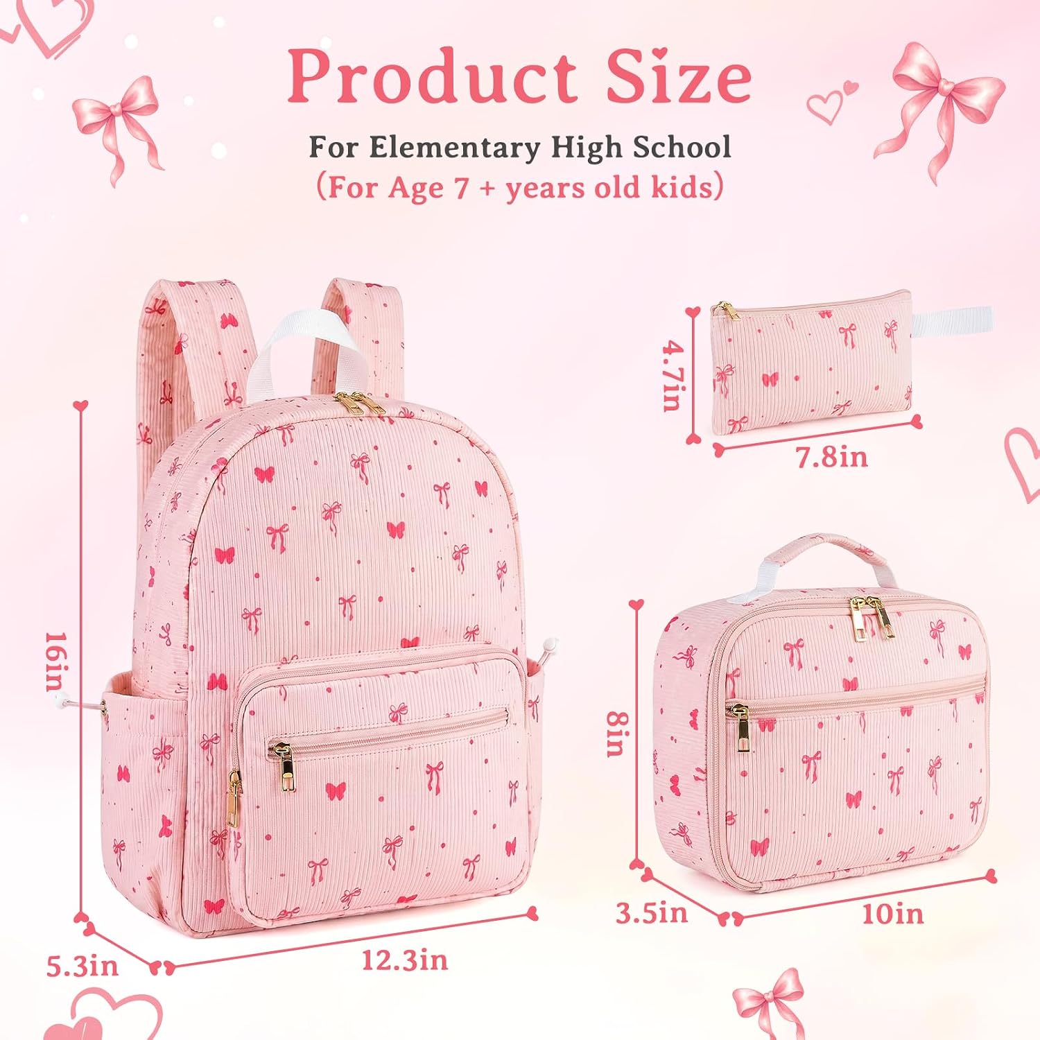 Pink Bow Corduroy Backpack Set with Lunch Bag