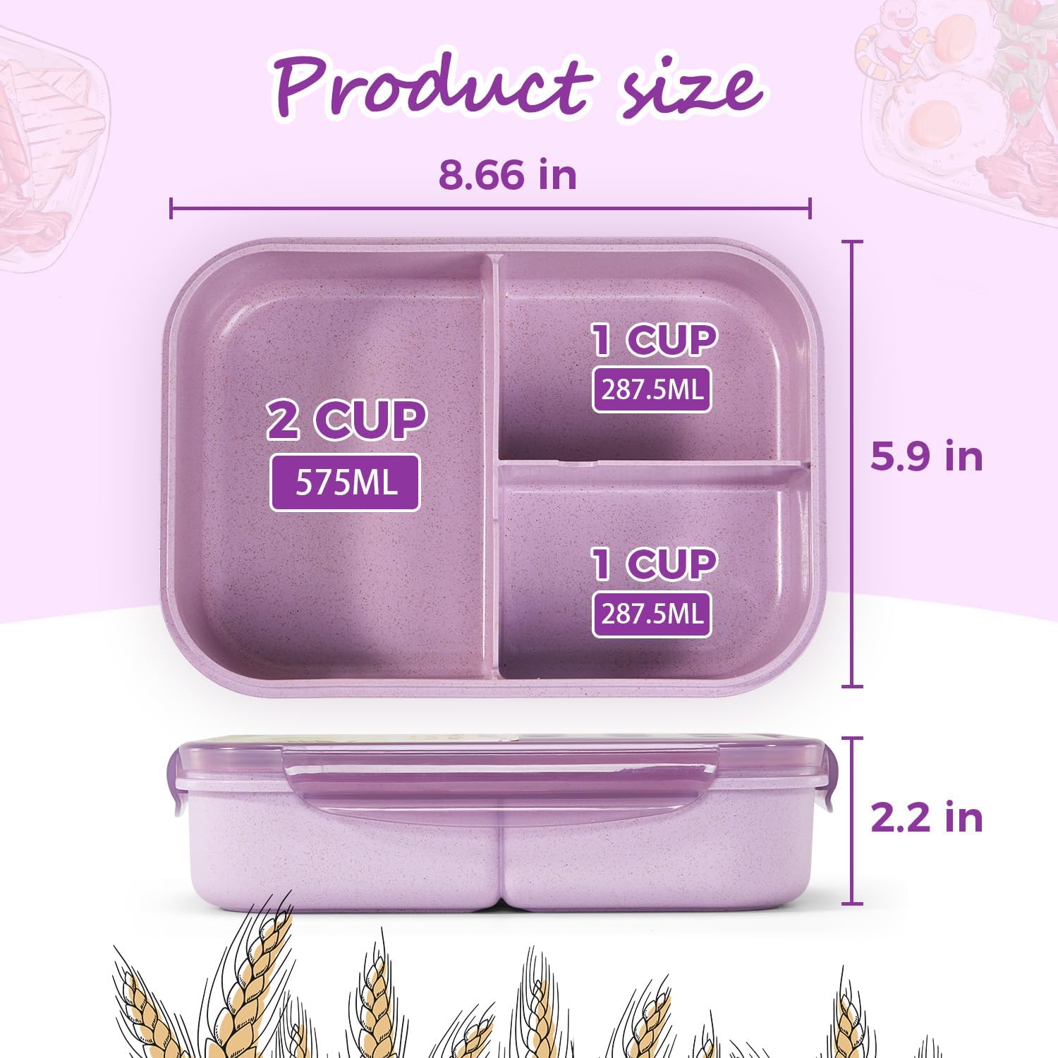 Purple 1150 ml 3-Compartment Bento Lunch Box