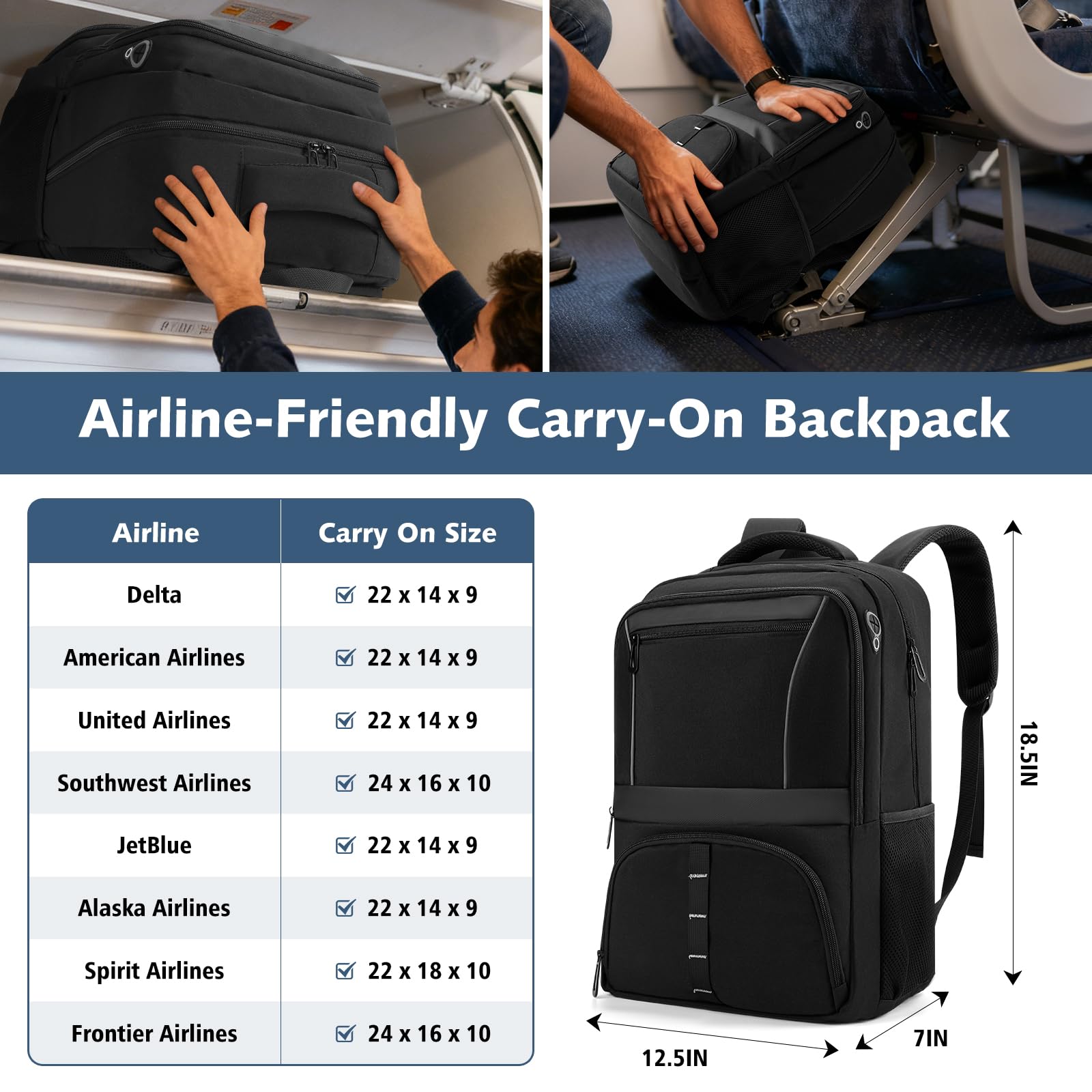 30L Carry-On Travel Laptop Backpack with USB Cable Port & Reflective Safety Design – Fits 17.3” – Black