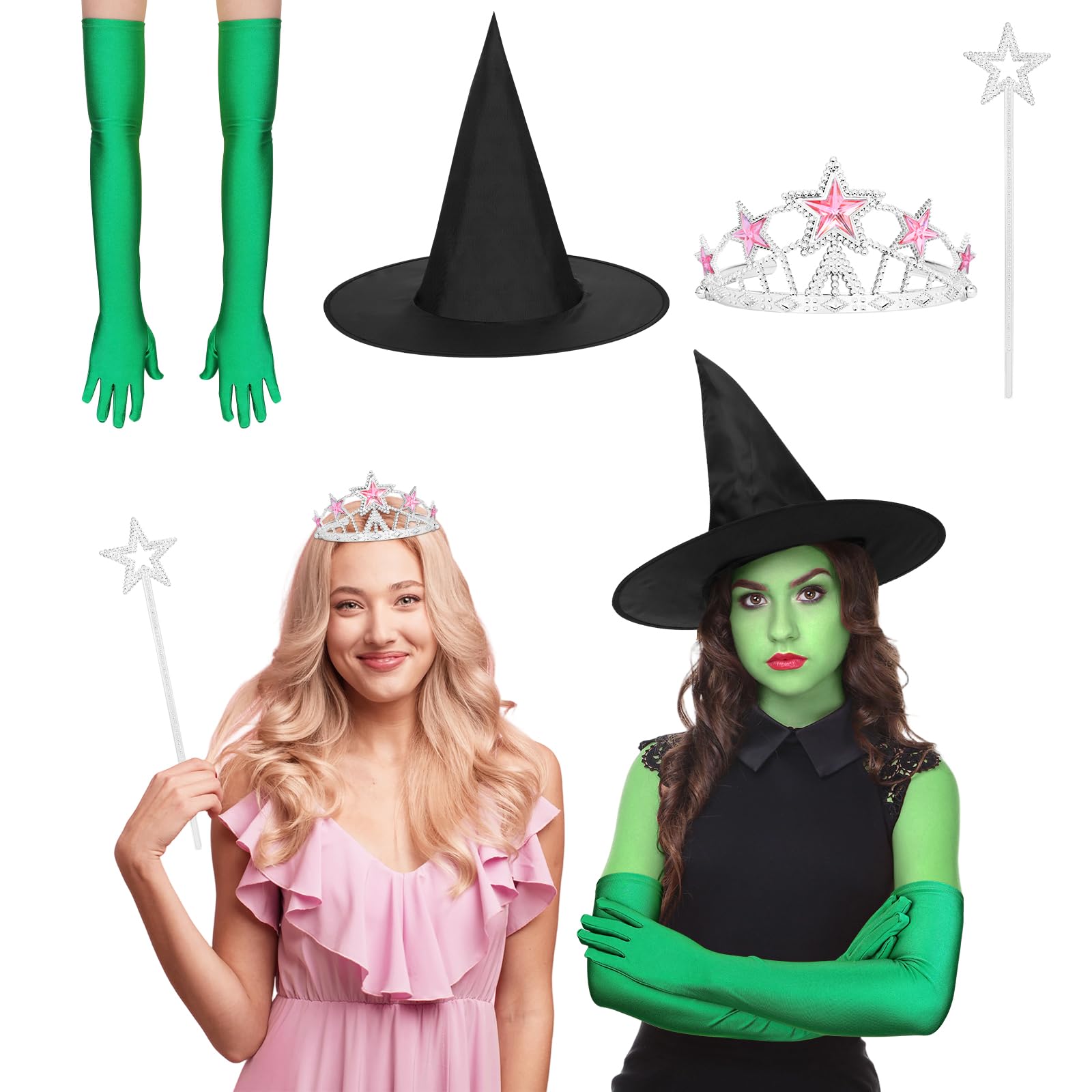 Green & Pink Witch Costume Accessory Set – Glitter Crown, Star Wand, Witch Hat & Gloves 💚🌸✨