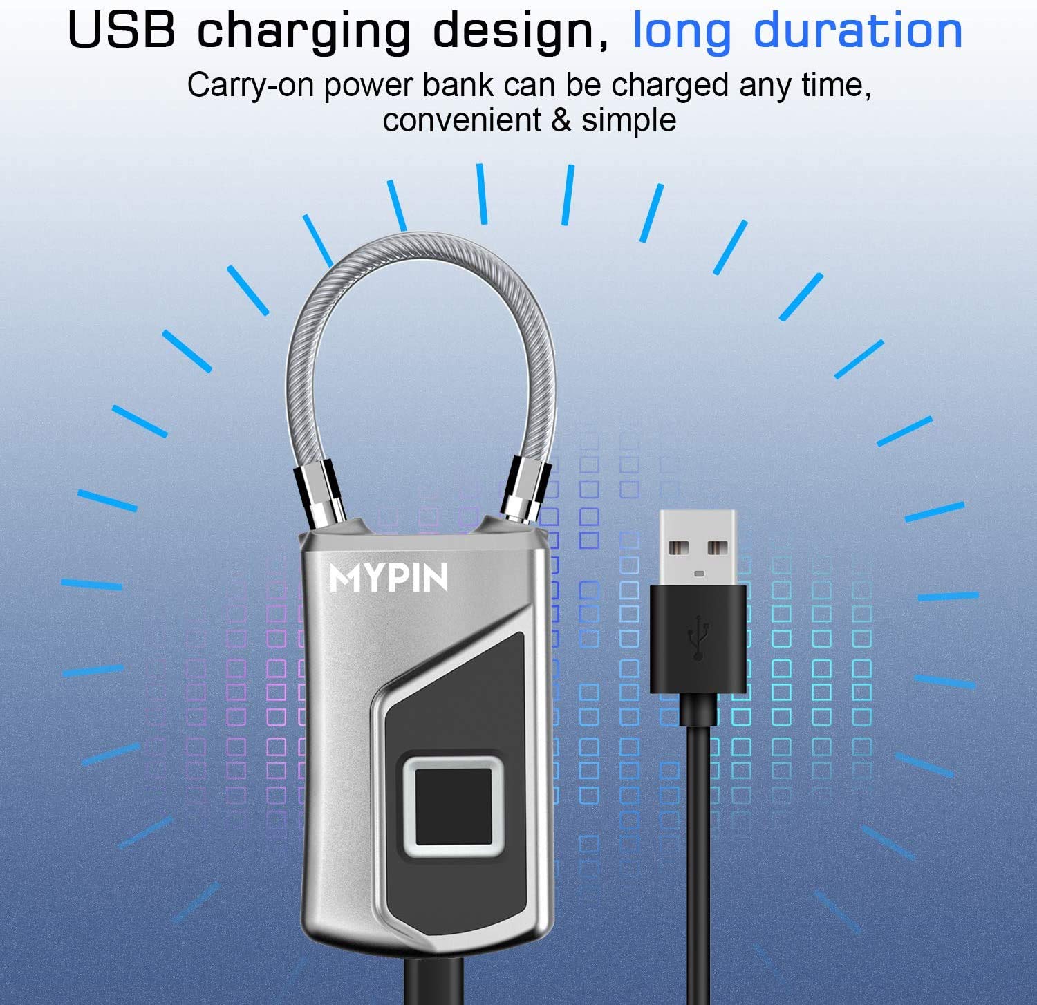 Waterproof Fingerprint Smart Padlock with Backup Key, USB Rechargeable Biometric Security Lock for Gym, Luggage & Storage