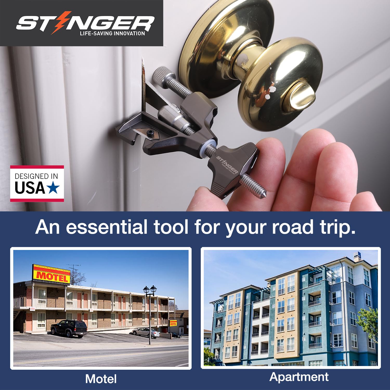 STINGER Metal Portable Door Lock – Heavy-Duty Travel Security with Glass Breaker & Seatbelt Cutter (Gray)