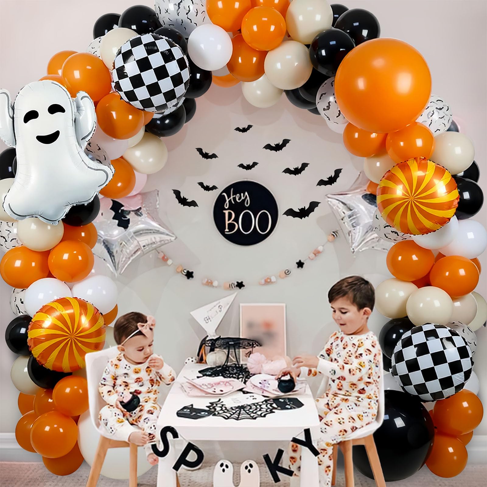 Halloween Baby Shower Balloon Garland Kit – Retro Burnt Orange, Black & White Boo Day Party Decorations