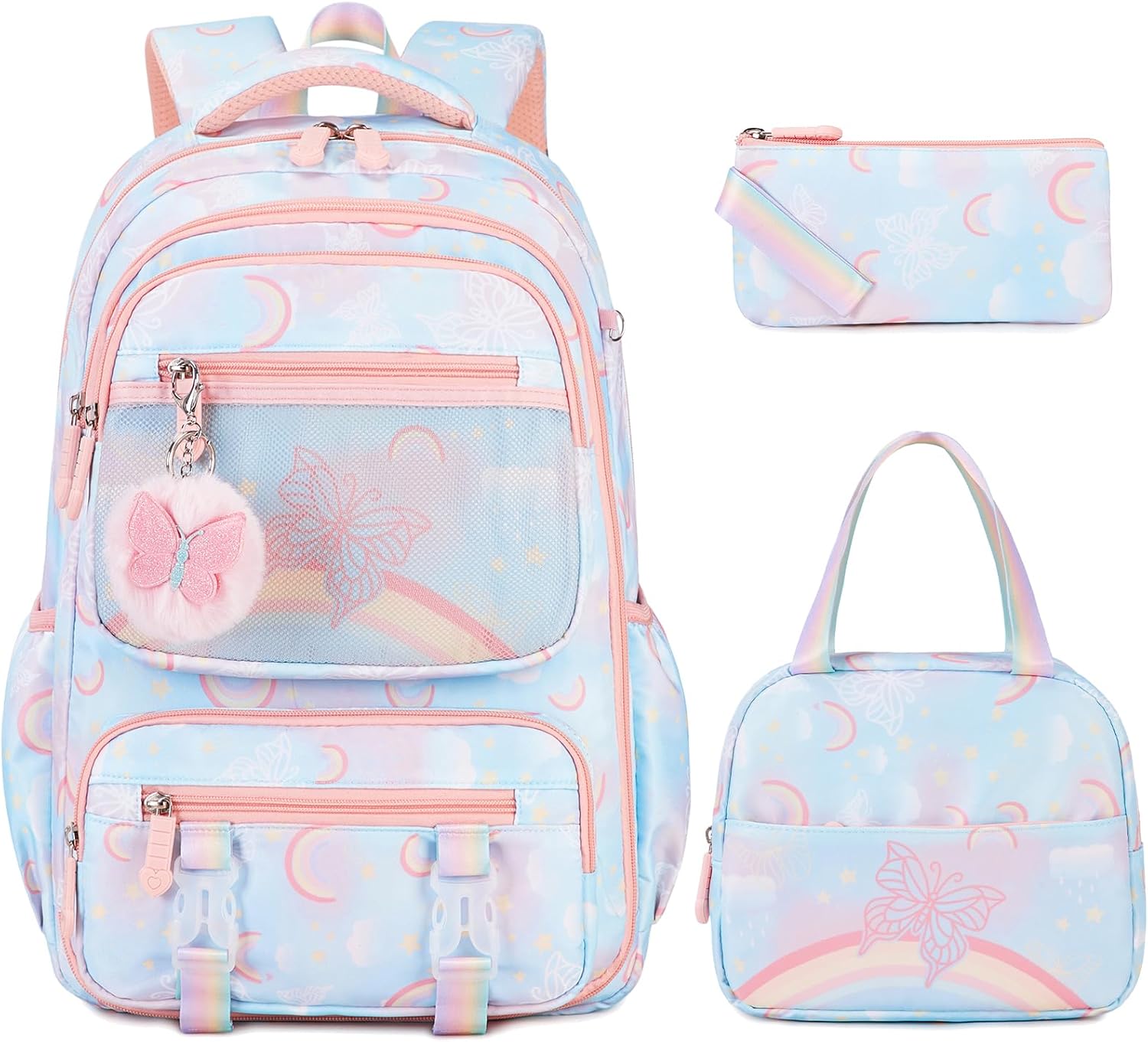 Rainbow Butterfly Backpack for Girls with Lunch Bag & Pencil Case Set, Kids School Backpack for Kindergarten, Elementary & Middle School Students