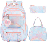 Rainbow Butterfly Backpack for Girls with Lunch Bag & Pencil Case Set, Kids School Backpack for Kindergarten, Elementary & Middle School Students