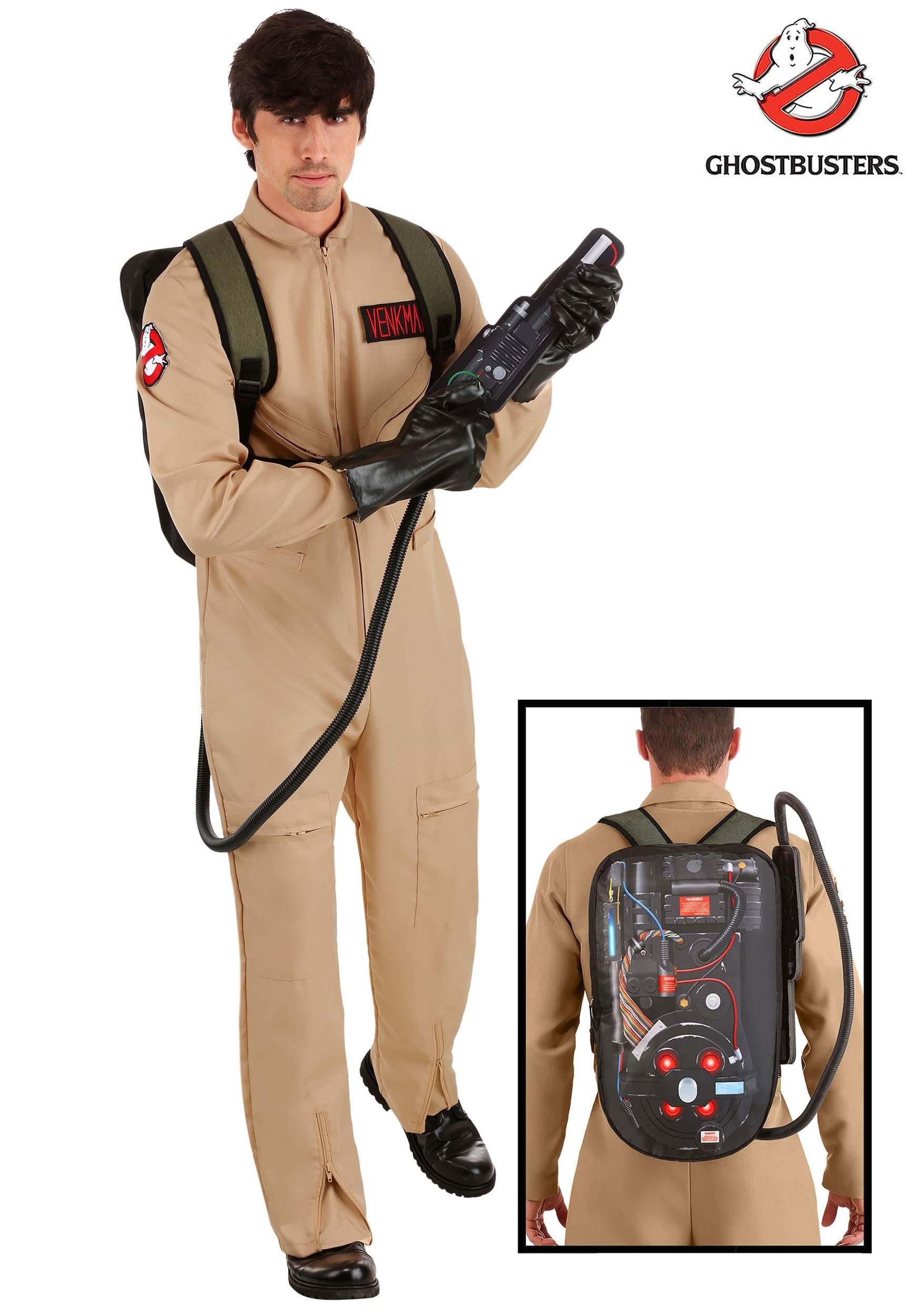 Ghostbusters Classic Adult Costume – Official Movie Jumpsuit with Proton Pack & Interchangeable Name Badges (Brown, Size L)