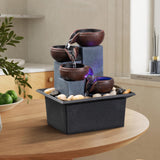 4-Level Tabletop Waterfall Fountain with LED Light & Natural Rocks – Indoor Meditation Decor (Brown)