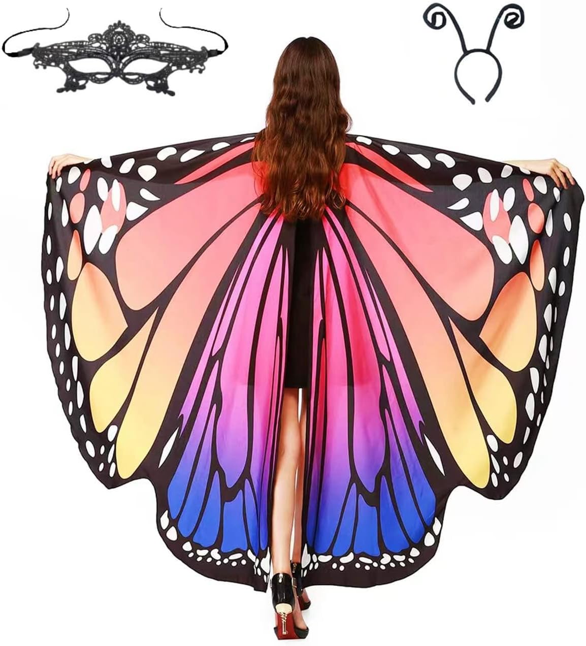 Women’s Butterfly Wings Costume Shawl – Red & Blue Fairy Cape with Antenna Headband for Halloween & Cosplay