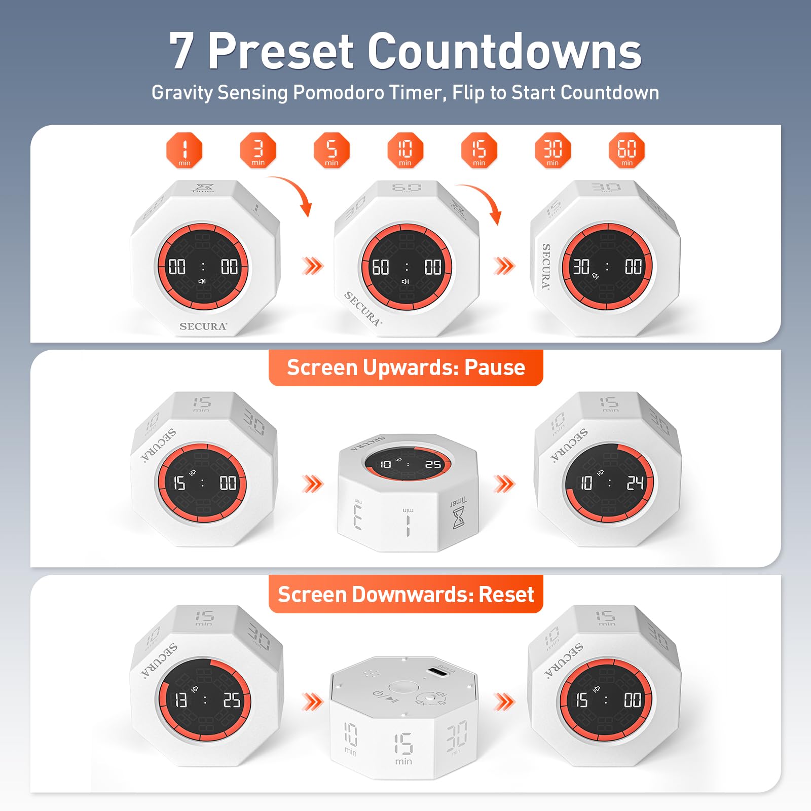 Secura Rotating Pomodoro Timer with Visual Progress Bar, Flip Countdown & Stopwatch, Rechargeable Focus Timer with Adjustable Volume for Tasks & Study – White