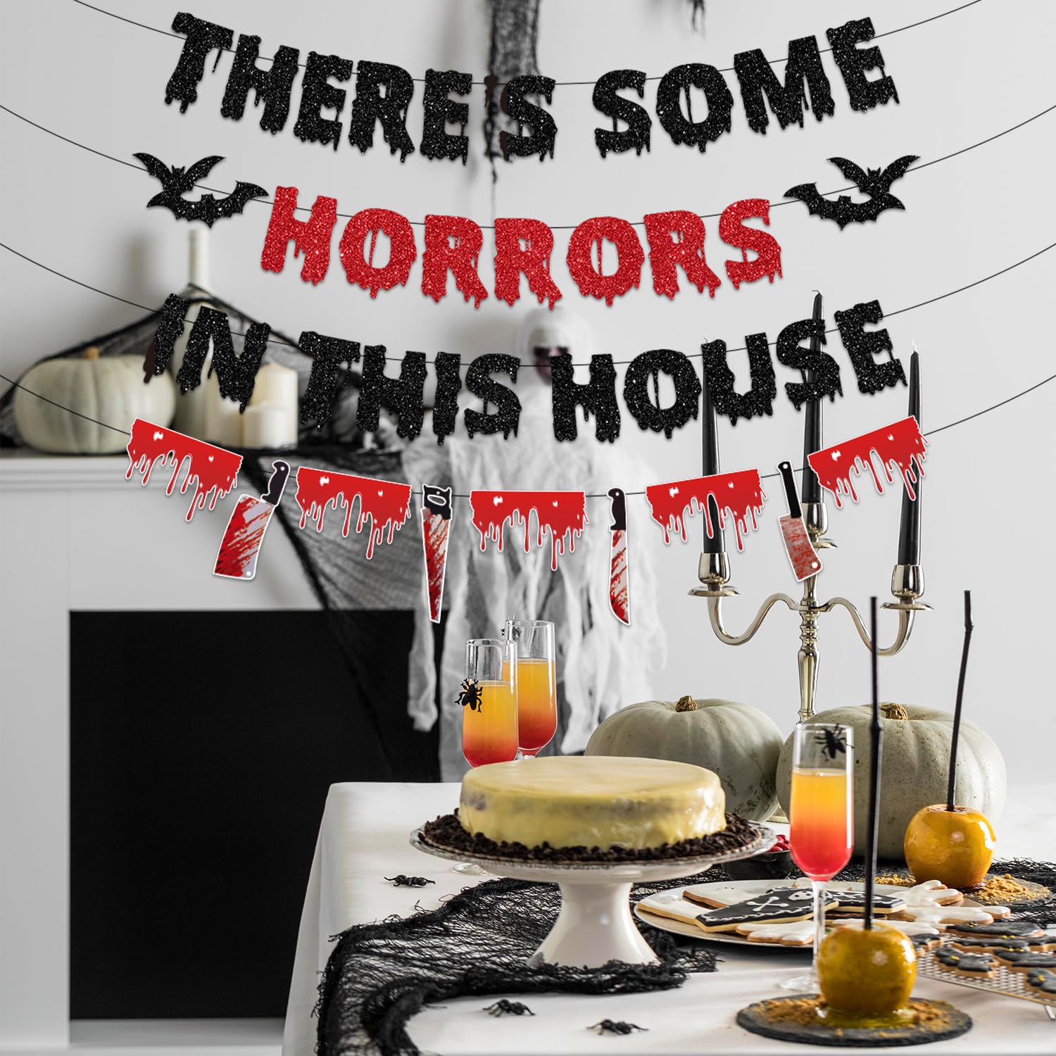 “There’s Some Horrors in This House” Halloween Banner Set – Red & Black Glitter Party Decorations