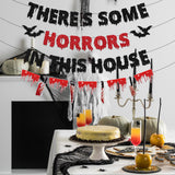 “There’s Some Horrors in This House” Halloween Banner Set – Red & Black Glitter Party Decorations
