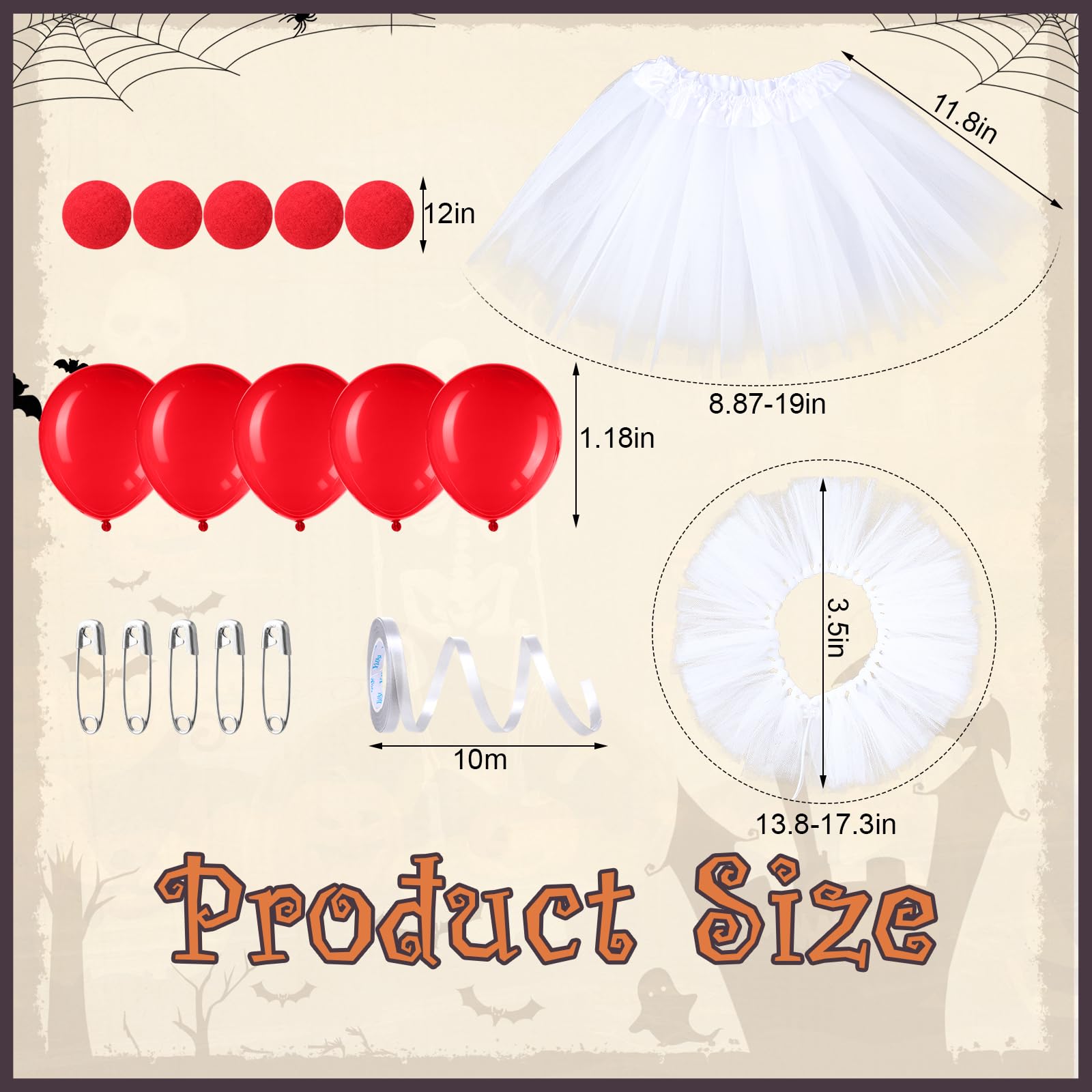 Dog Clown Halloween Costume – Red & White Pet Outfit with Neck Ruff, Skirt, Pompons, Balloons & Adjustable Straps