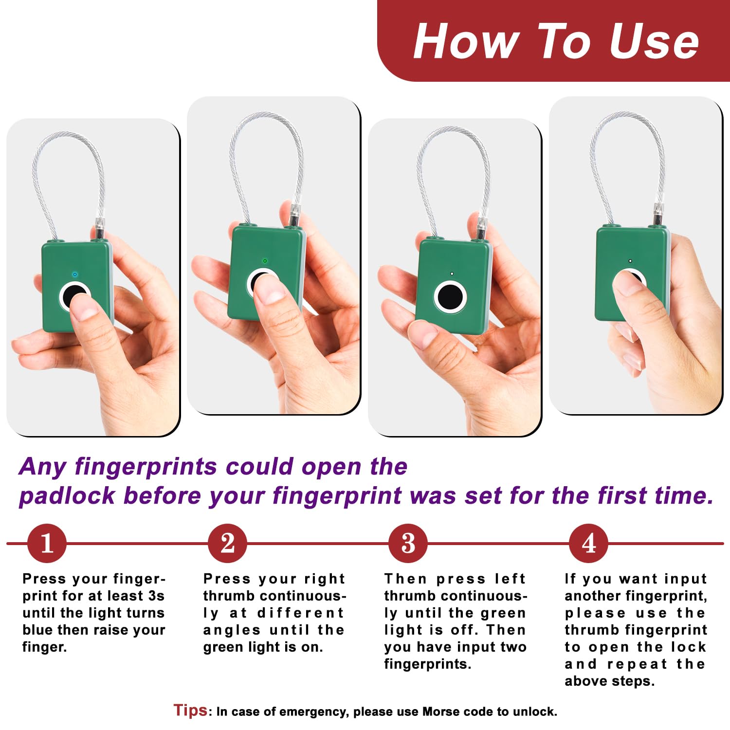 Portable Fingerprint Cable Padlock with USB Rechargeable Battery, Biometric Security Lock for Gym Locker, Backpack & Travel