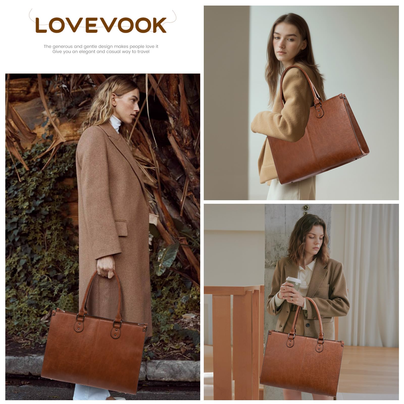 LOVEVOOK Vintage Leather Laptop Tote Bag for Women – 15.6” Large Capacity Work & Business Shoulder Handbag (Dark Brown)