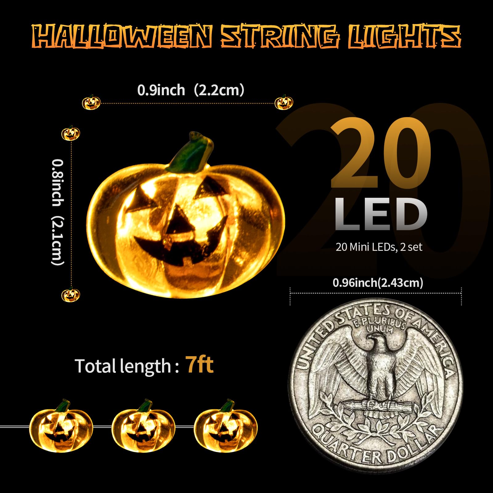 Mini Pumpkin String Lights – 7FT 20 LED Battery Operated Halloween Fairy Lights (Warm Orange Glow)