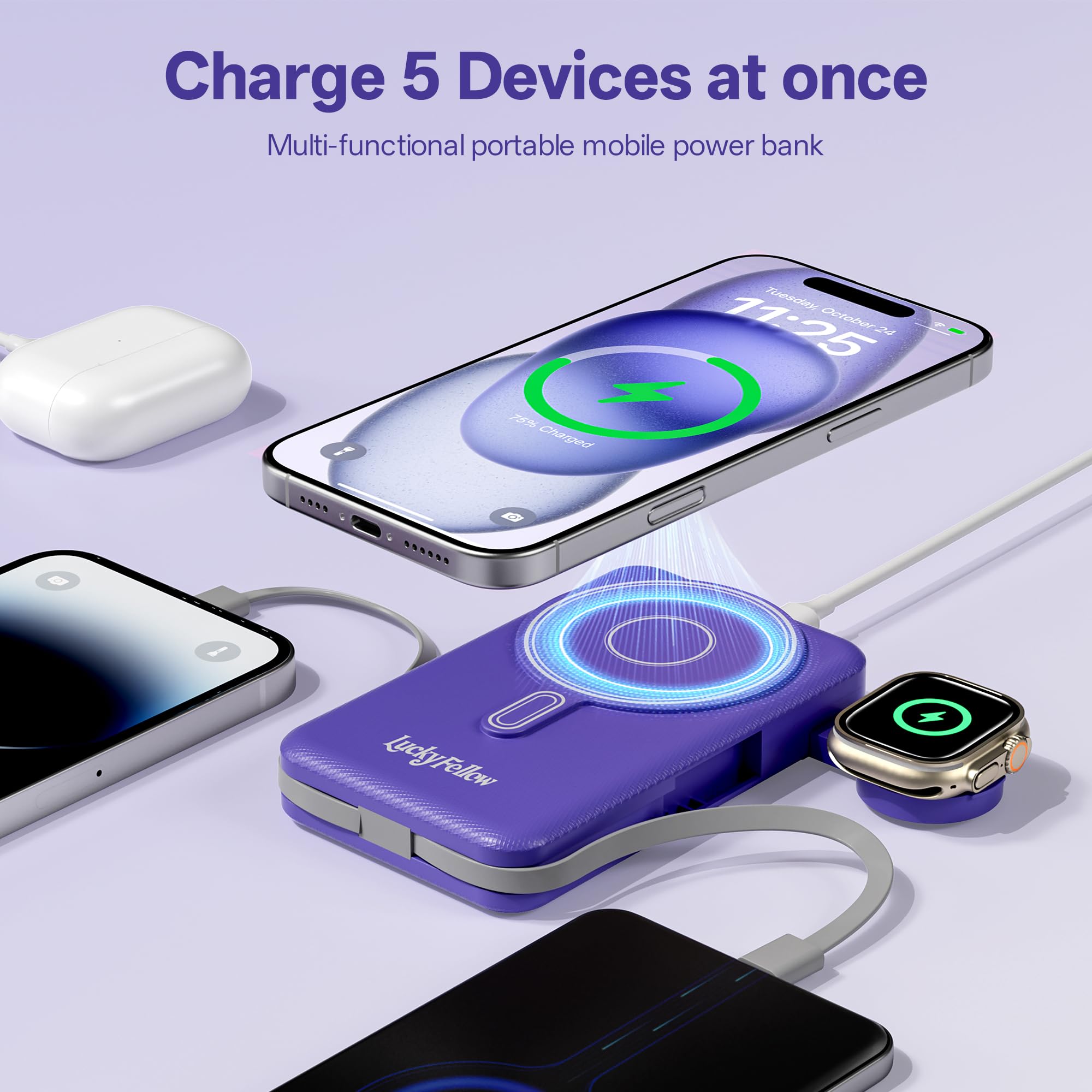 Magnetic Wireless Power Bank 10,000mAh – Slim All-in-One Charger with Built-In Cables & Stand (Dark Blue)