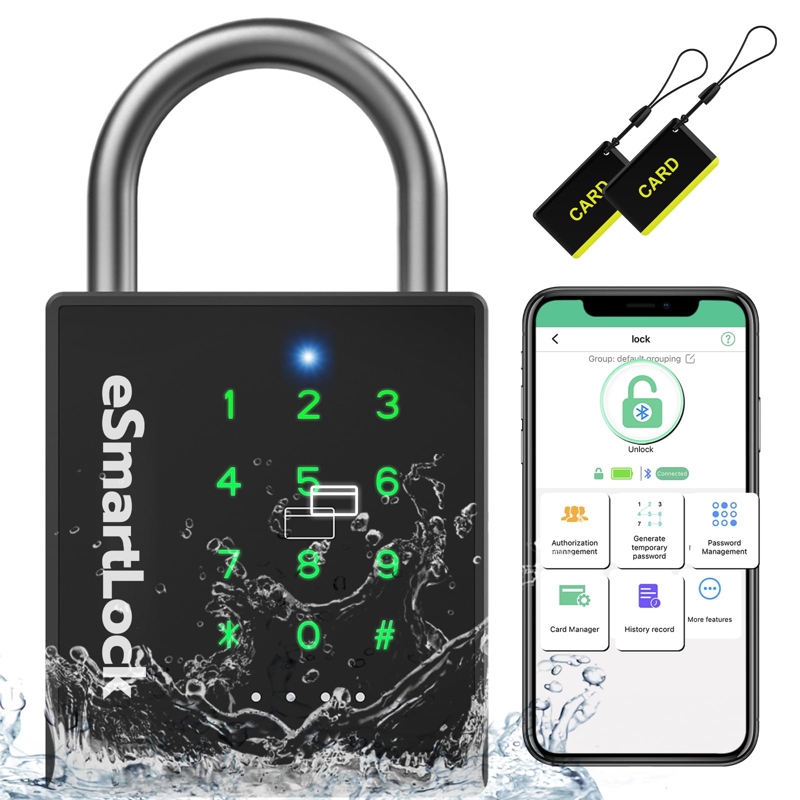 IP67 Waterproof Smart Padlock with RFID, Passcode & Bluetooth App Control, Military-Grade Keyless Security Lock
